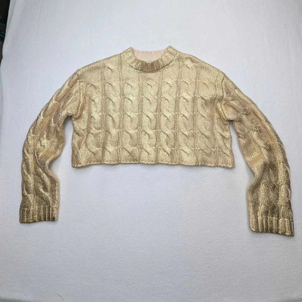 The Nolishop Cropped Cable knit Chunky Women's Sweater - Metalic Gold Size XS